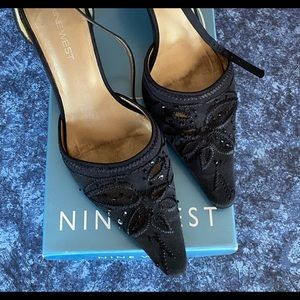 Nine West Black Satin Ankle Strap Pumps. Size 8.5